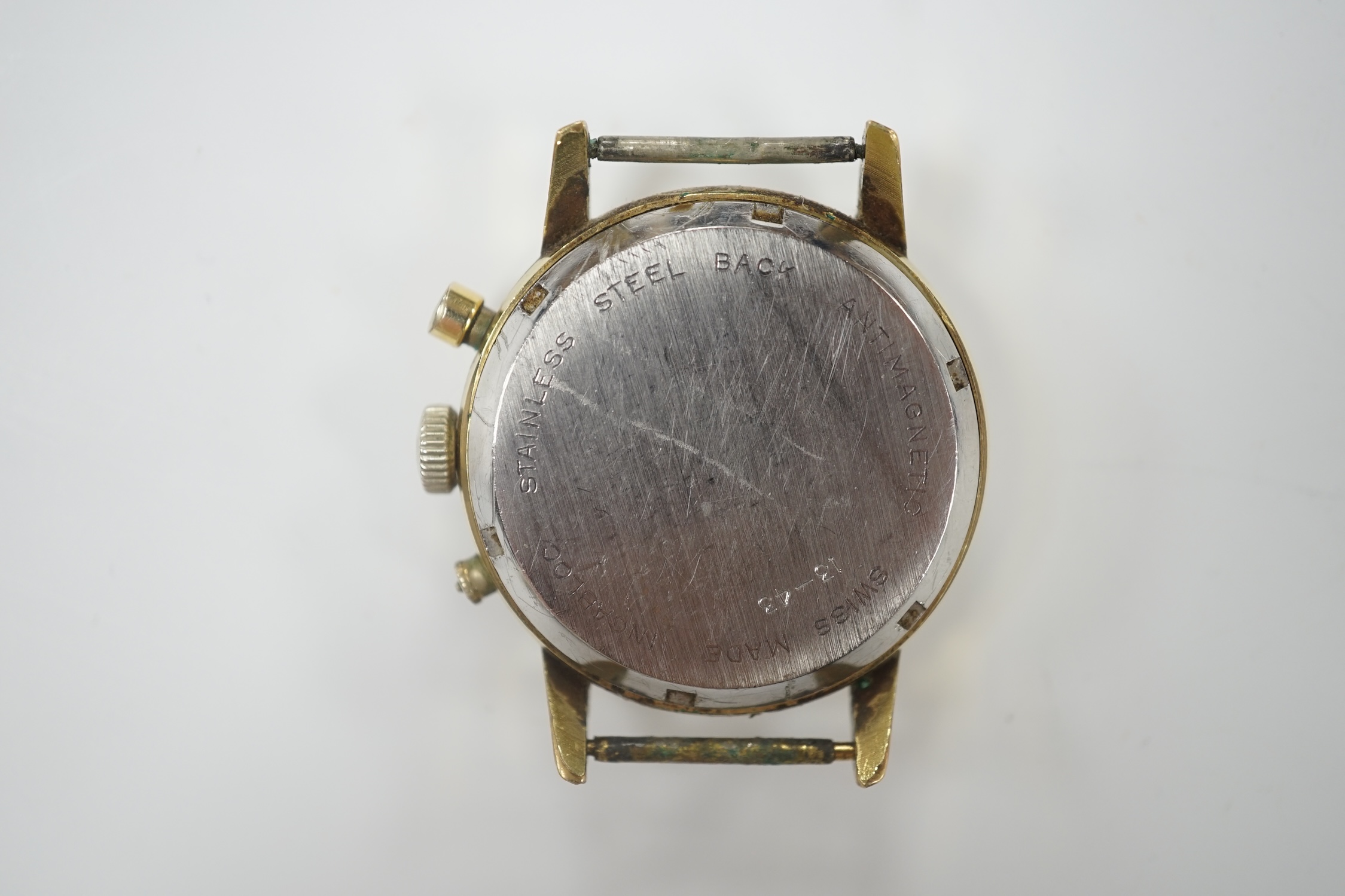 A gentleman's steel and gold plated Royce Chronograph manual wind wrist watch, with baton and quarterly Arabic numerals and two subsidiary dials, case diameter 36mm, no strap.